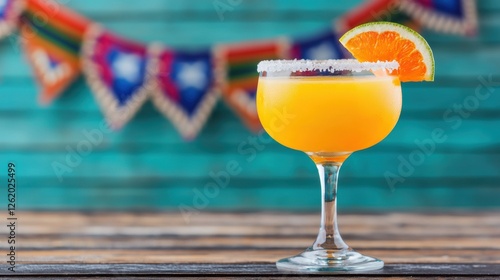 Refreshing margarita cocktail with orange slice and salt rim celebrating fiesta on rustic wooden table