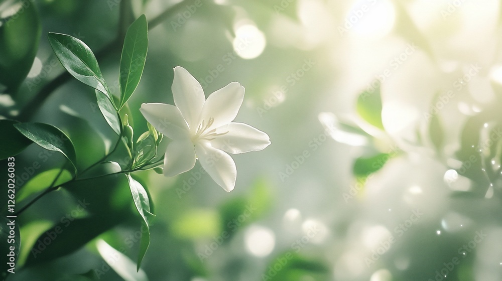 Fototapeta premium Single white flower blooming in sunlight, surrounded by green leaves.