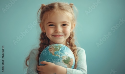Embracing the Future: Young Girl Hugging Planet Earth Model for World Children's Day Concept Banner, Generative AI