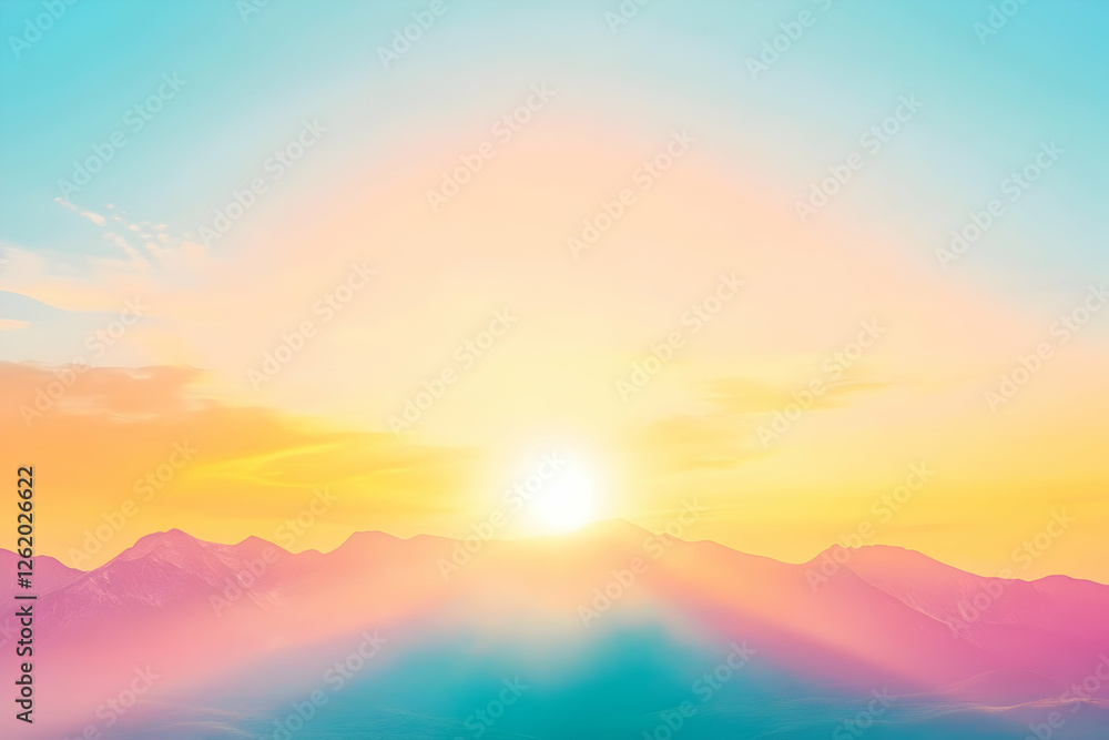 Fototapeta premium Serene sunrise over pastel-colored mountains; idyllic, peaceful landscape perfect for backgrounds, websites, or design projects.