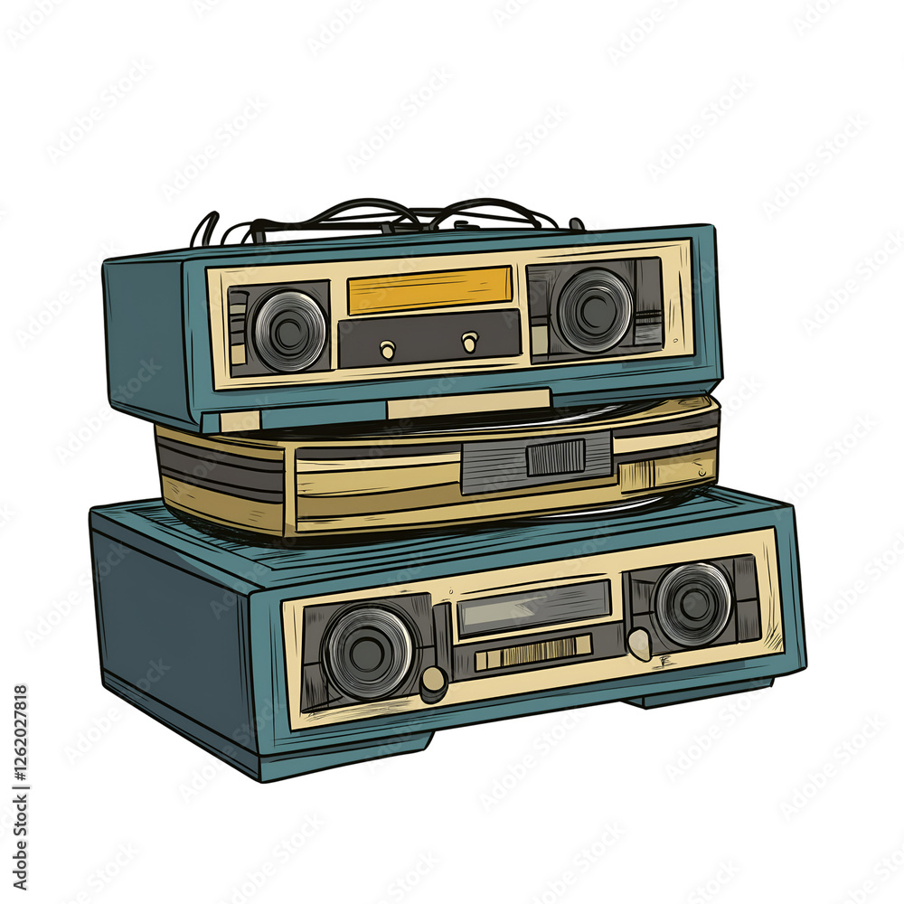 A boombox with cassette tapes stacked, Isolated on transparent or white background cut out, Street Culture and Urban Life clip art concept A boombox with cassette tapes stacked, Isolated on transparent or white background cut out, Street Culture and Urban Life clip art concept