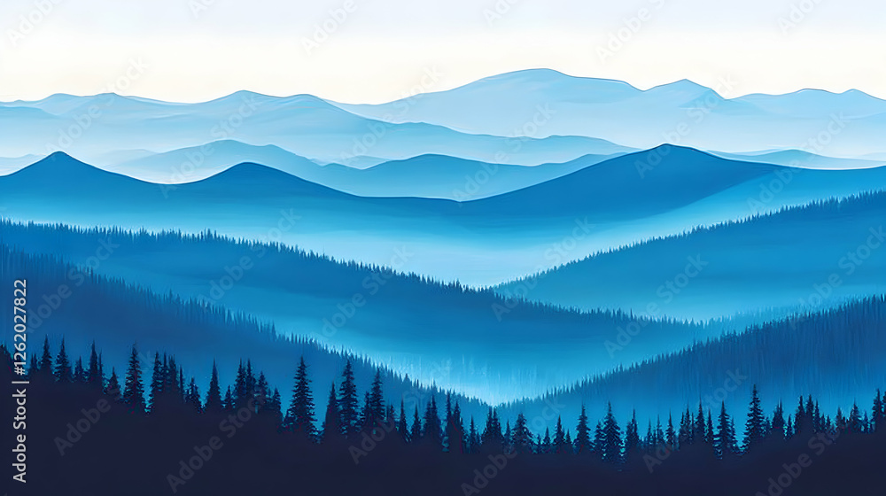 Obraz premium Serene blue mountain range landscape with a misty forest, perfect for travel, nature, or serenity themed projects.