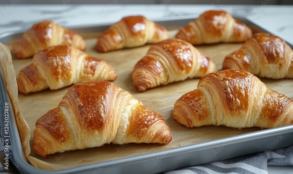 Freshly baked croissants are in tray after leaving the oven for customers, Generative AI Freshly baked croissants are in tray after leaving the oven for customers, Generative AI