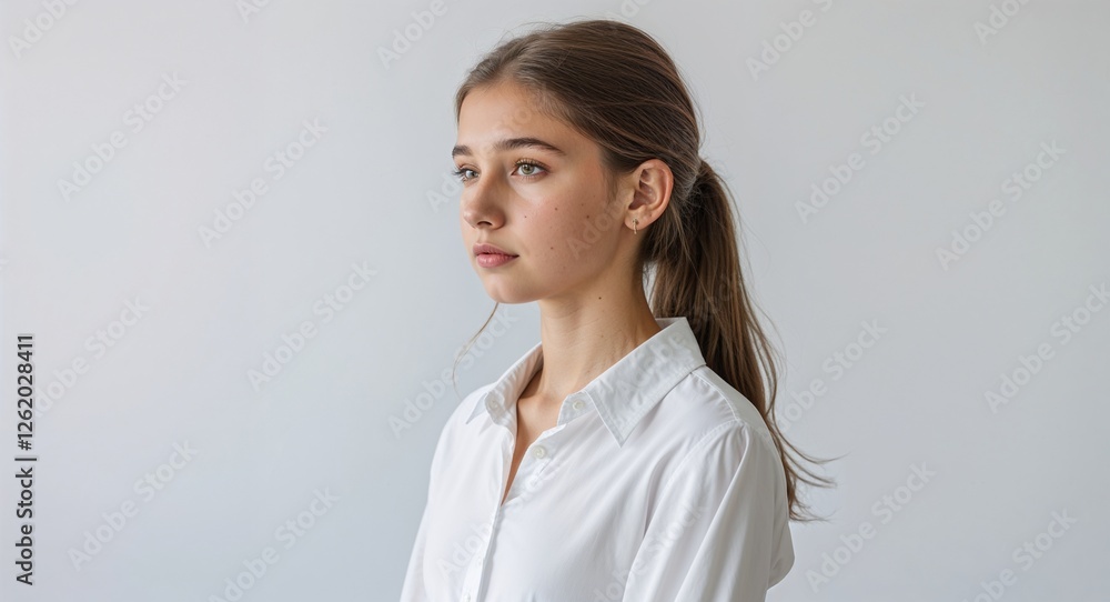 Caucasian girl white blouse young teen side view portrait on plain white background Caucasian girl white blouse young teen side view portrait on plain white background