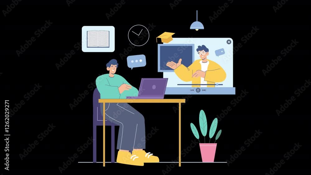 A minimalist flat animation depicting the growth of online learning, highlighting virtual classrooms, digital tools, and seamless student-teacher interactions. A minimalist flat animation depicting the growth of online learning, highlighting virtual classrooms, digital tools, and seamless student-teacher interactions.