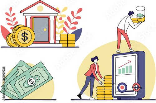 Business concept illustration. Set of 3d Vector illustration of savings, finance, banking, sale. Creative concept for web banner, social media banner, business presentation. Generative AI
