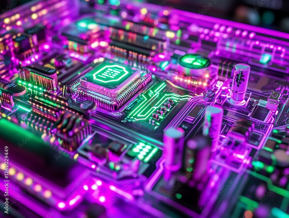 Close-up of a vibrant illuminated circuit board with a central processor, showcasing intricate technological details. Close-up of a vibrant illuminated circuit board with a central processor, showcasing intricate technological details.