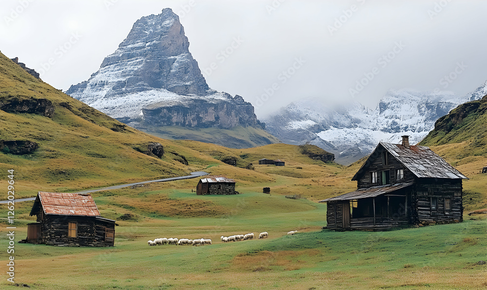 Serene mountain landscape with rustic wooden houses, grazing sheep, and a snow-capped peak. Ideal for travel, nature, and rural living concepts. Serene mountain landscape with rustic wooden houses, grazing sheep, and a snow-capped peak. Ideal for travel, nature, and rural living concepts.