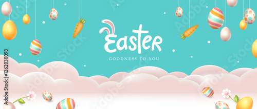 Happy easter banner background holiday celebration greeting with hanging easter eggs different ornaments
