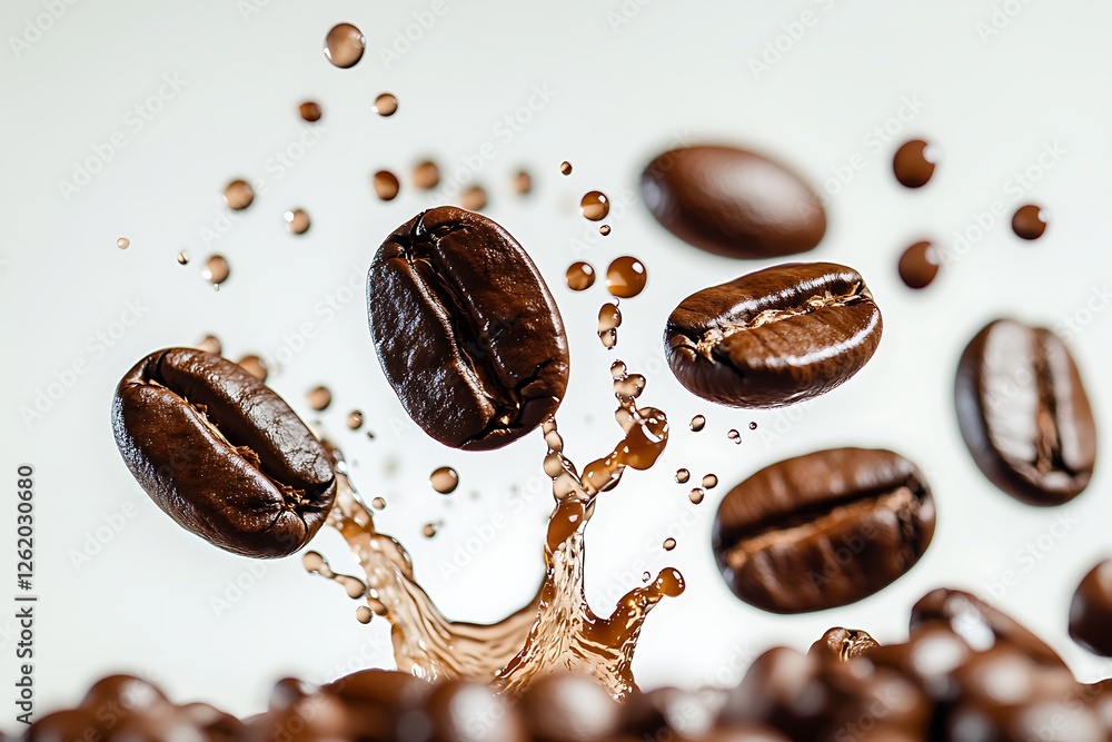 Coffee beans suspended mid-air, splashing into coffee with droplets suspended in high-definition motion against a white backdrop. Coffee beans suspended mid-air, splashing into coffee with droplets suspended in high-definition motion against a white backdrop.