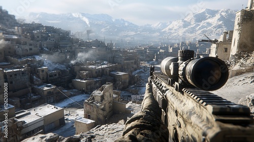 A soldier in a war-torn battlefield aims a rifle amidst destruction, with ruins and fire in the background, depicting intense combat and survival in a post-apocalyptic or military conflict setting