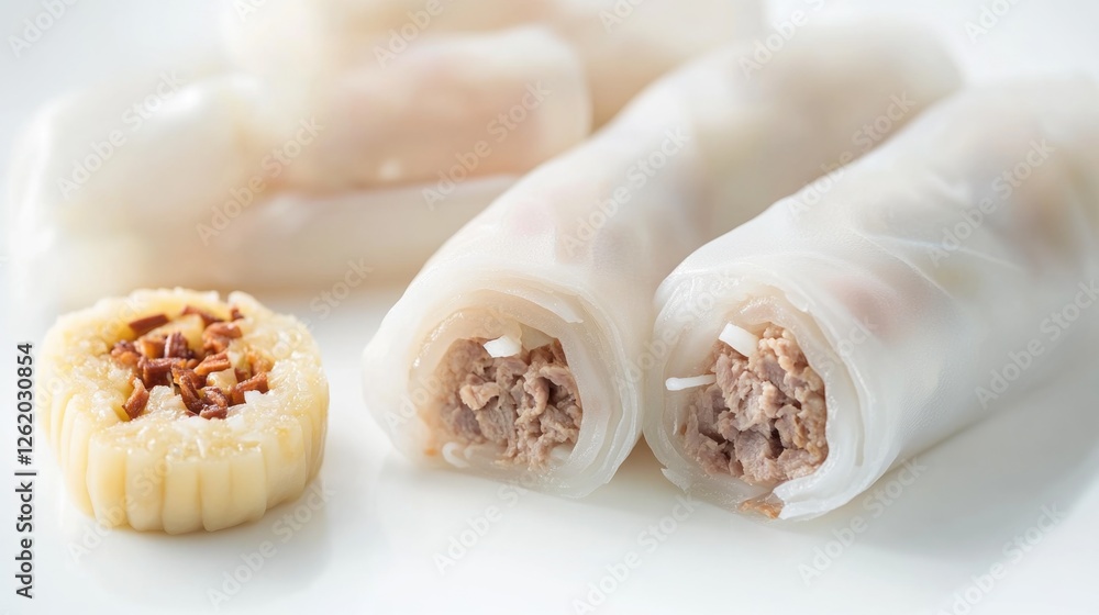 Delicious fresh spring rolls with filling and sauce on plate. Delicious fresh spring rolls with filling and sauce on plate.