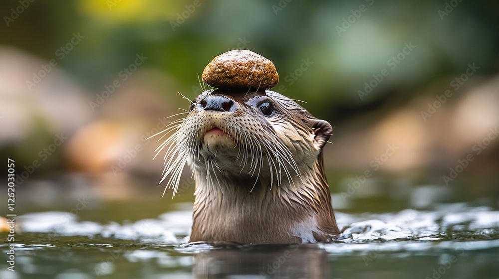 An otter with a rock balanced on its head, in a pond. An otter with a rock balanced on its head, in a pond.