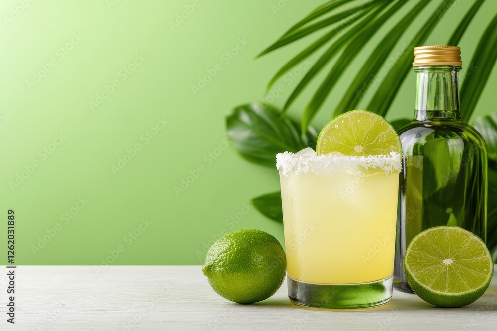 Fototapeta premium Refreshing margarita cocktail with tequila, lime, and salt on green background