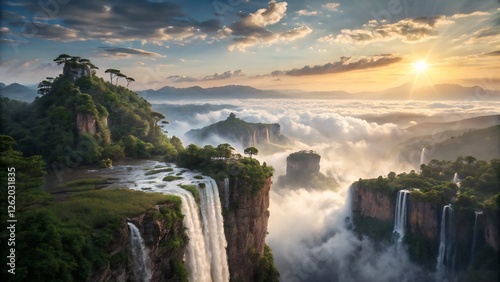  fantasy world with floating islands high above the clouds, cascading waterfalls flowing into the void, vibrant crystal-like formations on the cliffs, an enormous golden sun shining through a magical  photo