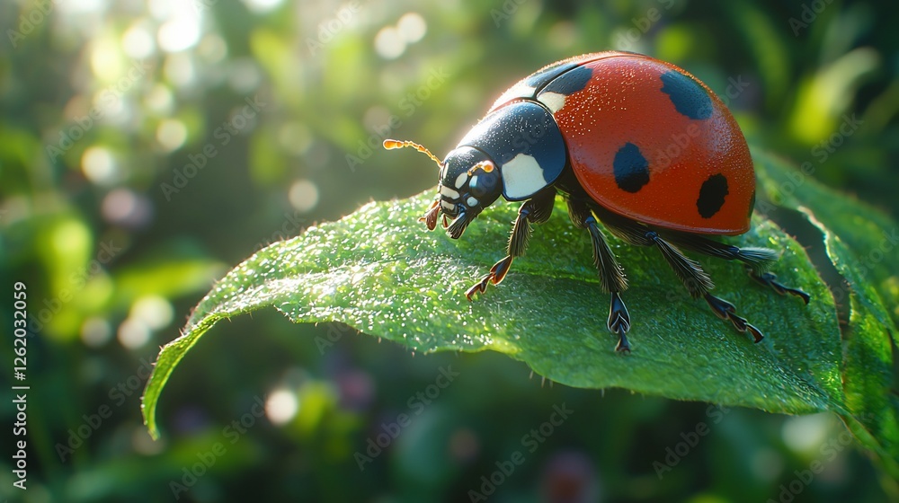 Fototapeta premium Close-up of a ladybug perched on a dewy green leaf in a vibrant garden setting