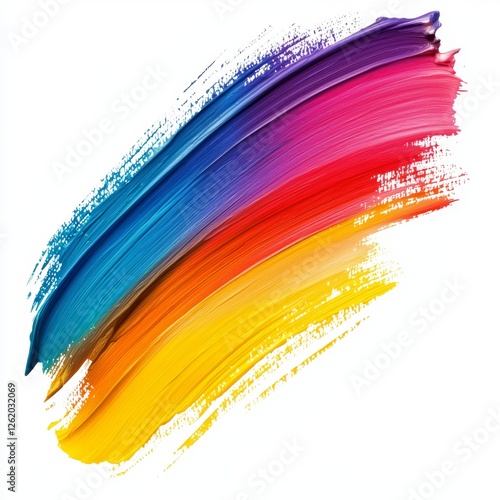 Vibrant Colorful Paint Stroke on White Background Showcasing a Blend of Blue, Purple, Red, Orange, and Yellow Hues for Artistic Creations and Designs