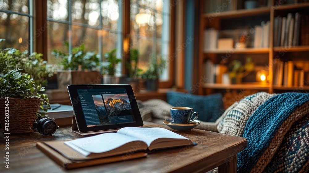 Engaging e-learning interactive course on e-book creation at a cozy home study setup with a tablet Engaging e-learning interactive course on e-book creation at a cozy home study setup with a tablet