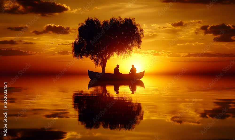 Serene sunset scene two silhouetted figures converse in a small boat beneath a weeping willow, mirroring the golden hour's beauty on tranquil water.