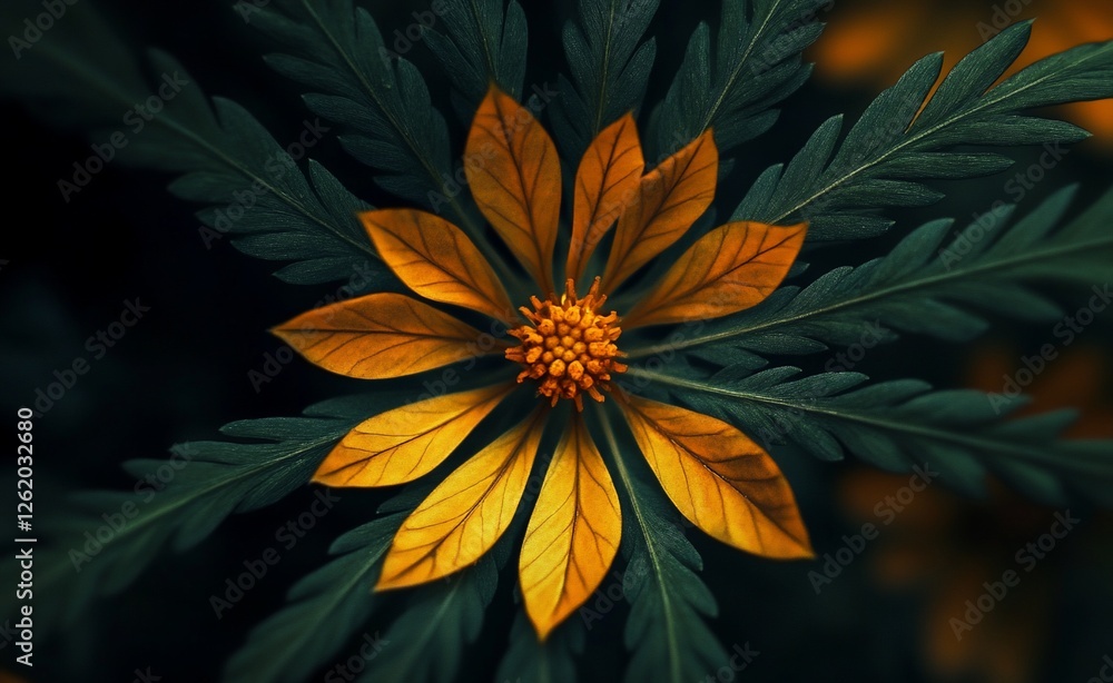 Close-up of a vibrant orange flower with intricate dark-green foliage. Close-up of a vibrant orange flower with intricate dark-green foliage.