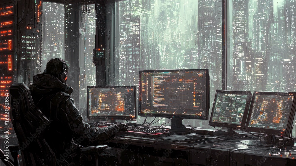 Cyberpunk City Rain: Programmer's Night in Futuristic Office Cyberpunk City Rain: Programmer's Night in Futuristic Office