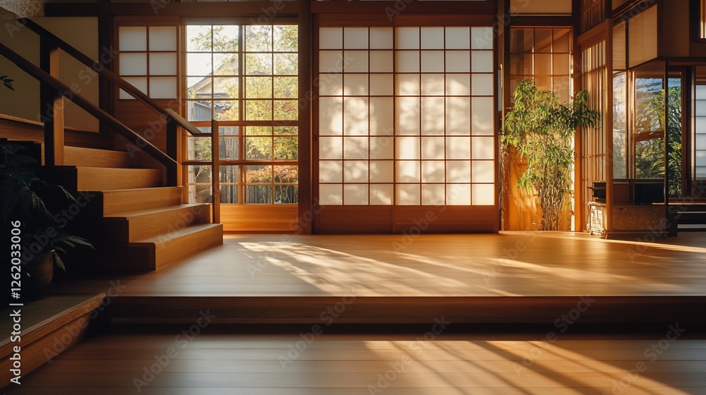 Fototapeta premium Sunlit minimalist Japanese-style home interior with wooden stairs, shoji screens, and plants.
