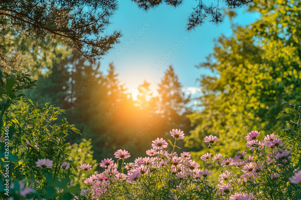 Obraz premium Serene sunset scene with pink flowers blooming in a lush green forest. Golden hour light filters through trees.