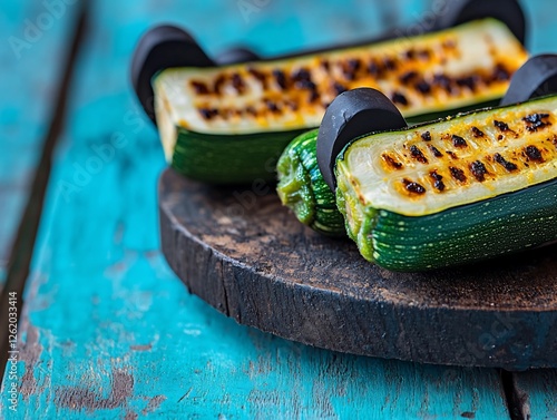 Grilled zucchini halves on rustic wooden board. photo