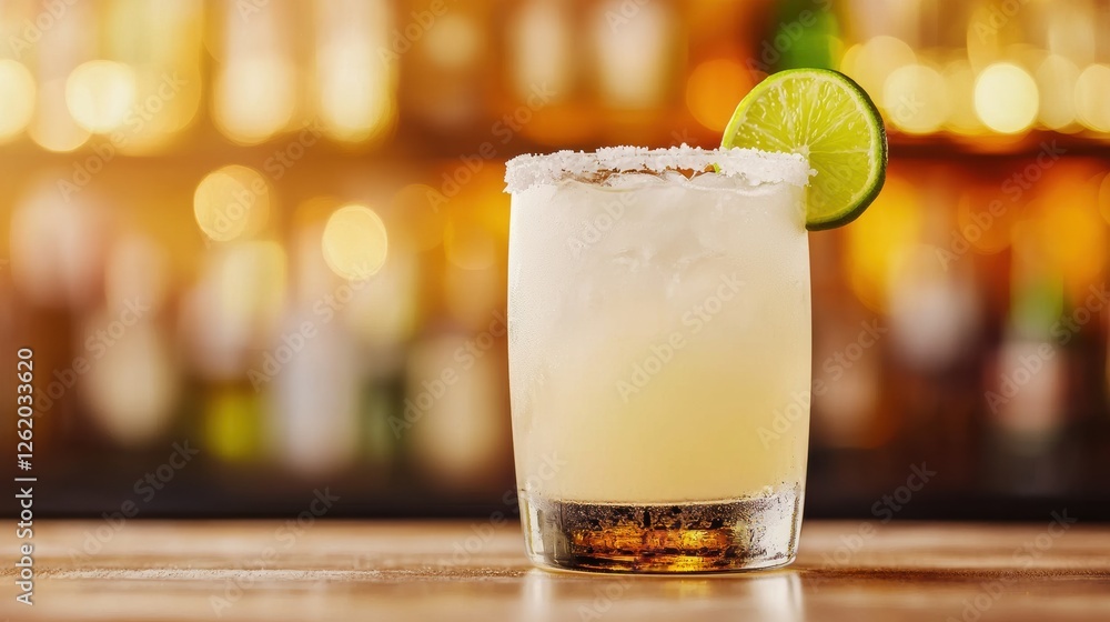 Refreshing margarita cocktail sitting on bar counter with blurred background Refreshing margarita cocktail sitting on bar counter with blurred background