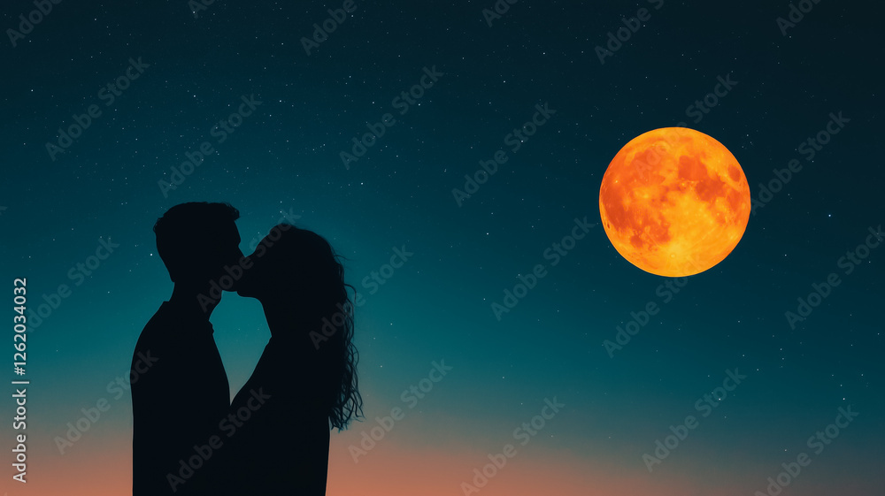 Silhouette of Kiss Under Blood Moon: A romantic silhouette of a couple sharing a tender kiss under a dramatic blood moon, creating a captivating scene of passion and celestial wonder. Silhouette of Kiss Under Blood Moon: A romantic silhouette of a couple sharing a tender kiss under a dramatic blood moon, creating a captivating scene of passion and celestial wonder.