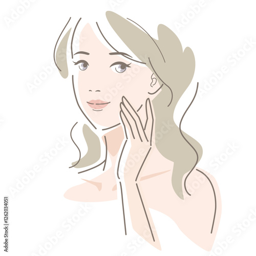 A woman with long hair touches her cheek with her finger. Beauty, fashion, makeup, skincare concept. Vector illustration in line drawing, isolated on white background.