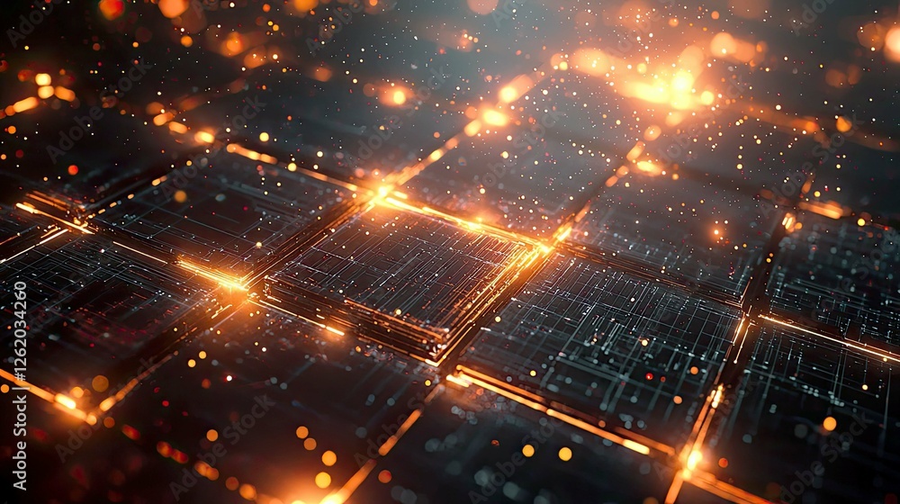 Fototapeta premium Abstract Futuristic Technology Background: Glowing Digital Network, Circuitry, and Data Streams. Cyberpunk Style. Digital Art.