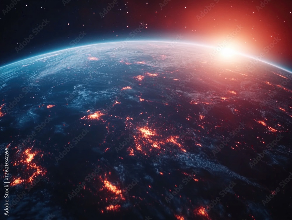 A view of a planet showing intense volcanic activity with lava and fire, set against the backdrop of an exploding sun or red plasma. This image evokes themes of destruction and natural disaster. A view of a planet showing intense volcanic activity with lava and fire, set against the backdrop of an exploding sun or red plasma. This image evokes themes of destruction and natural disaster.