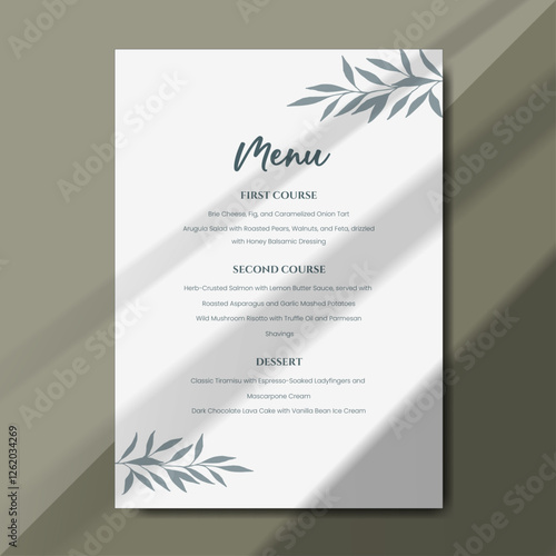 Elegant wedding menu blends minimalist typography with soft botanical element. Perfect for receptions, anniversary, dinners, birthday party and formal gatherings. Printable menu design with size 5