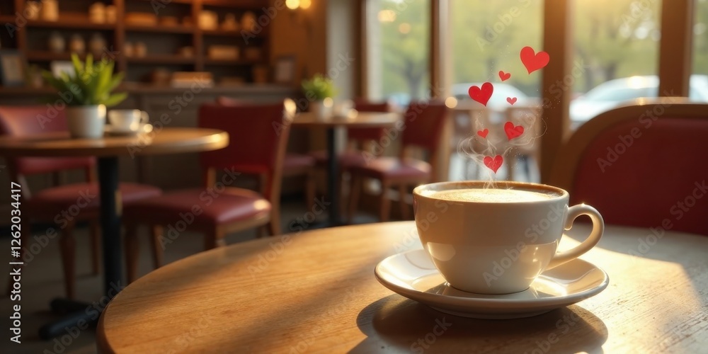 Romantic Cafe Moment Steaming Cappuccino with Heart-Shaped Steam on Wooden Table Romantic Cafe Moment Steaming Cappuccino with Heart-Shaped Steam on Wooden Table