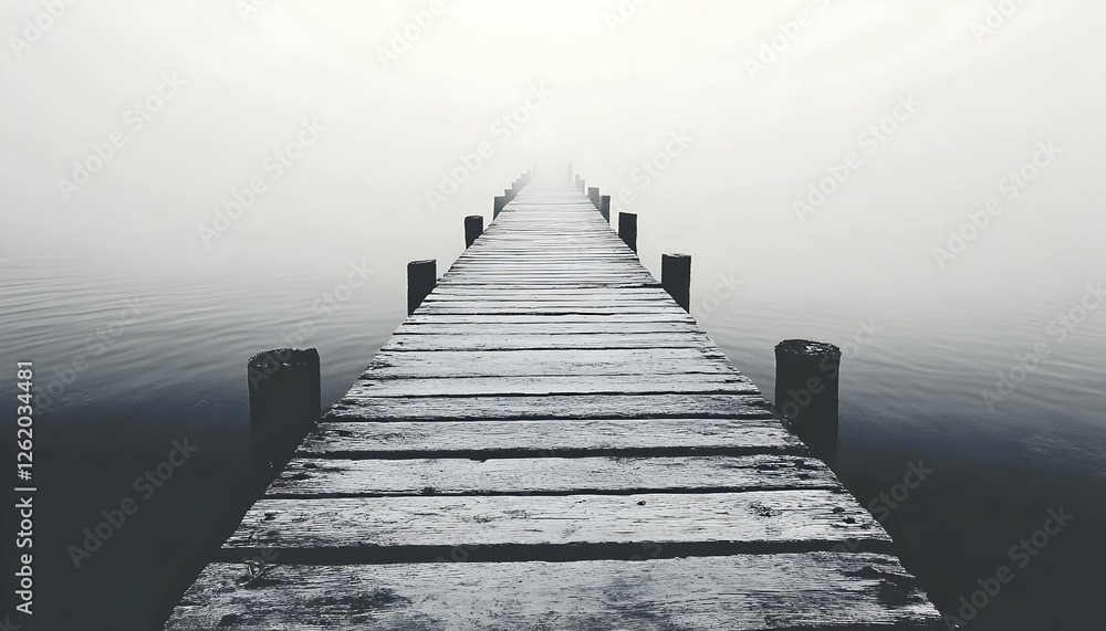 Serene black and white image of a wooden dock extending into a misty lake, conveying a sense of mystery and tranquility. Serene black and white image of a wooden dock extending into a misty lake, conveying a sense of mystery and tranquility.