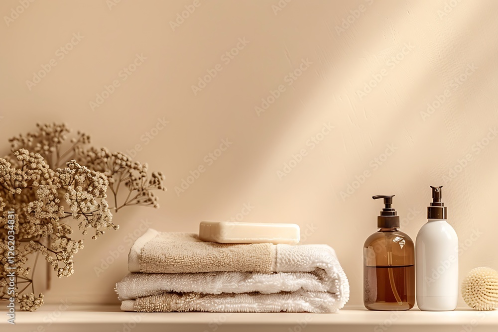 Beige wall background, shelf with soap bottle, towels, dried flowers, white bathroom, home terior design,