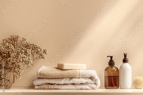 Obraz na płótnie Beige wall background, shelf with soap bottle, towels, dried flowers, white bathroom, home terior design, w salonie