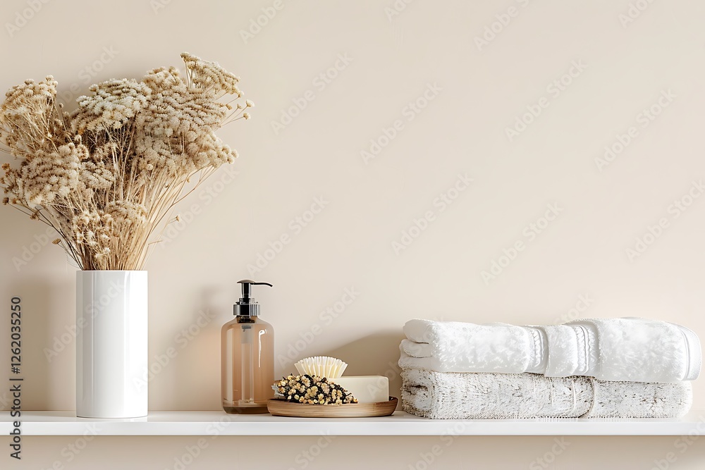 Beige wall background, shelf with soap bottle, towels, dried flowers, modern white bathroom, front view, home terior mockup,