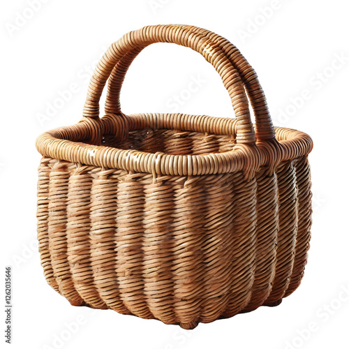 Handwoven natural fiber basket with two sturdy handles, isolated on white background. Rustic texture, warm, earthy colors. Front view