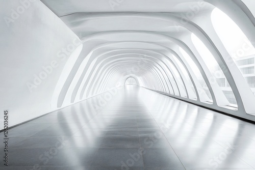 Modern white corridor with arched ceiling and reflective floor.