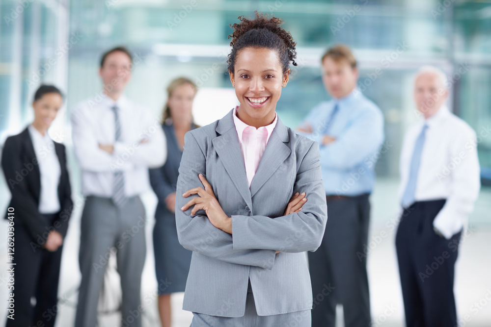 Happy woman, portrait and confident in business with team, leadership and project management. Female boss, group and arms crossed in agency for about us, staff inclusion and manager with empowerment Happy woman, portrait and confident in business with team, leadership and project management. Female boss, group and arms crossed in agency for about us, staff inclusion and manager with empowerment