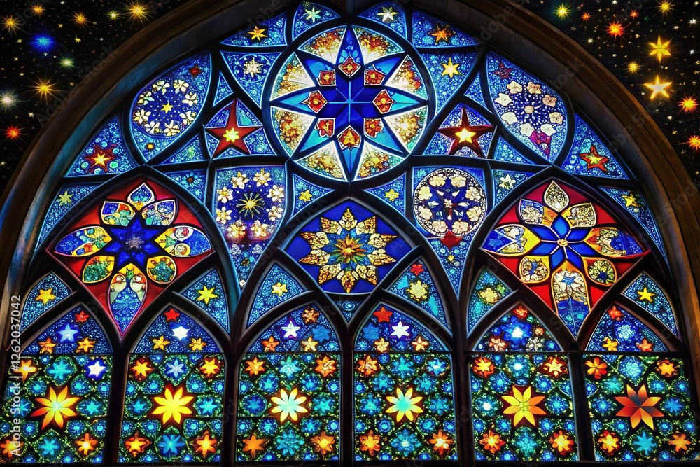 Gothic Starry Stained Glass Window: Colorful Geometric Patterns, Dark Background Stock Photo Gothic Starry Stained Glass Window: Colorful Geometric Patterns, Dark Background Stock Photo