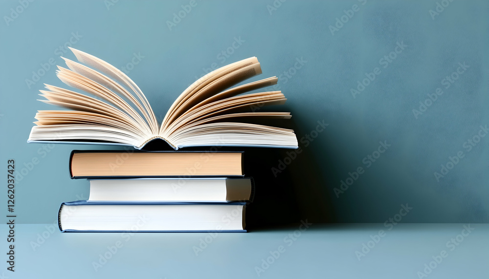 Fototapeta premium Stack of books against a blue background, open book on top, inviting imagery for education, reading, knowledge, and learning concepts.