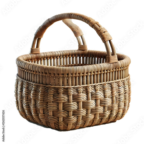 Handwoven natural fiber basket with two sturdy handles, isolated on white background. Rustic texture, warm, earthy colors. Front view