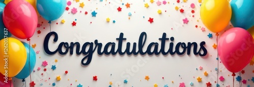 Colorful balloons framing congratulations sign with star confetti