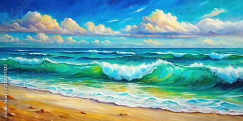 Impressionist Abstract Oil Painting: Blue-Green Ocean Waves on Sandy Beach