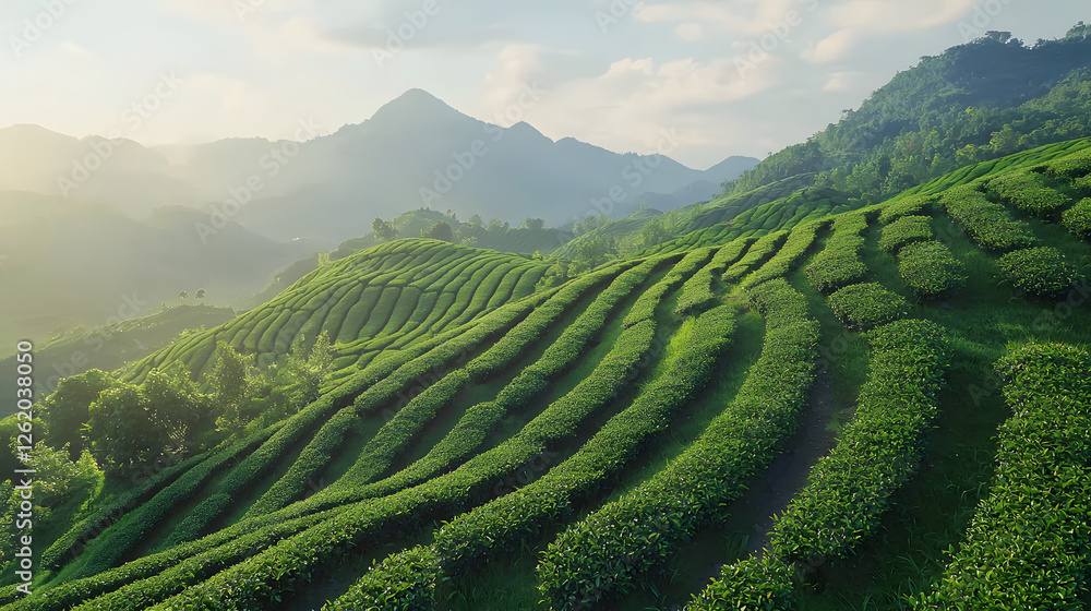Fototapeta premium Tea fields on the mountain, lush green, with fresh air