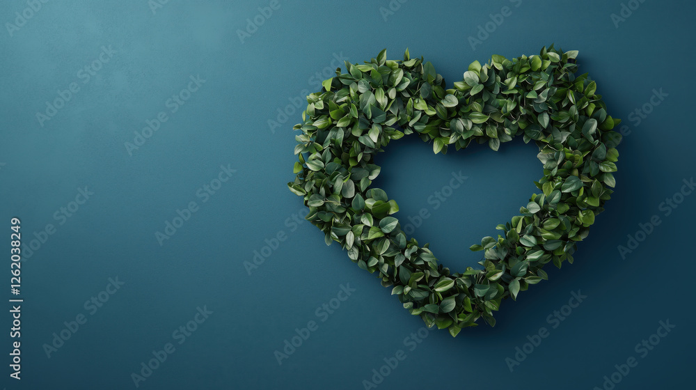 Heart shaped wreath with green leaves on blue wall with copy space. Love concept Heart shaped wreath with green leaves on blue wall with copy space. Love concept