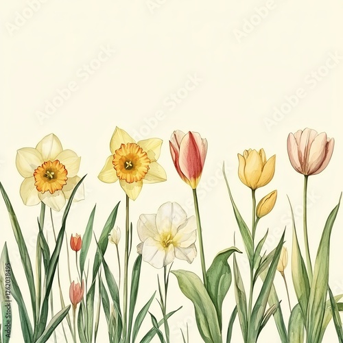Wallpaper Mural Watercolor spring border with daffodils and tulip flowers on a soft yellow background, delicate paint strokes, gentle color blending Torontodigital.ca